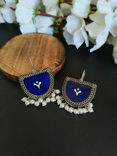 Oxidized Silver Plated Brass Earrings with Pearl Accents