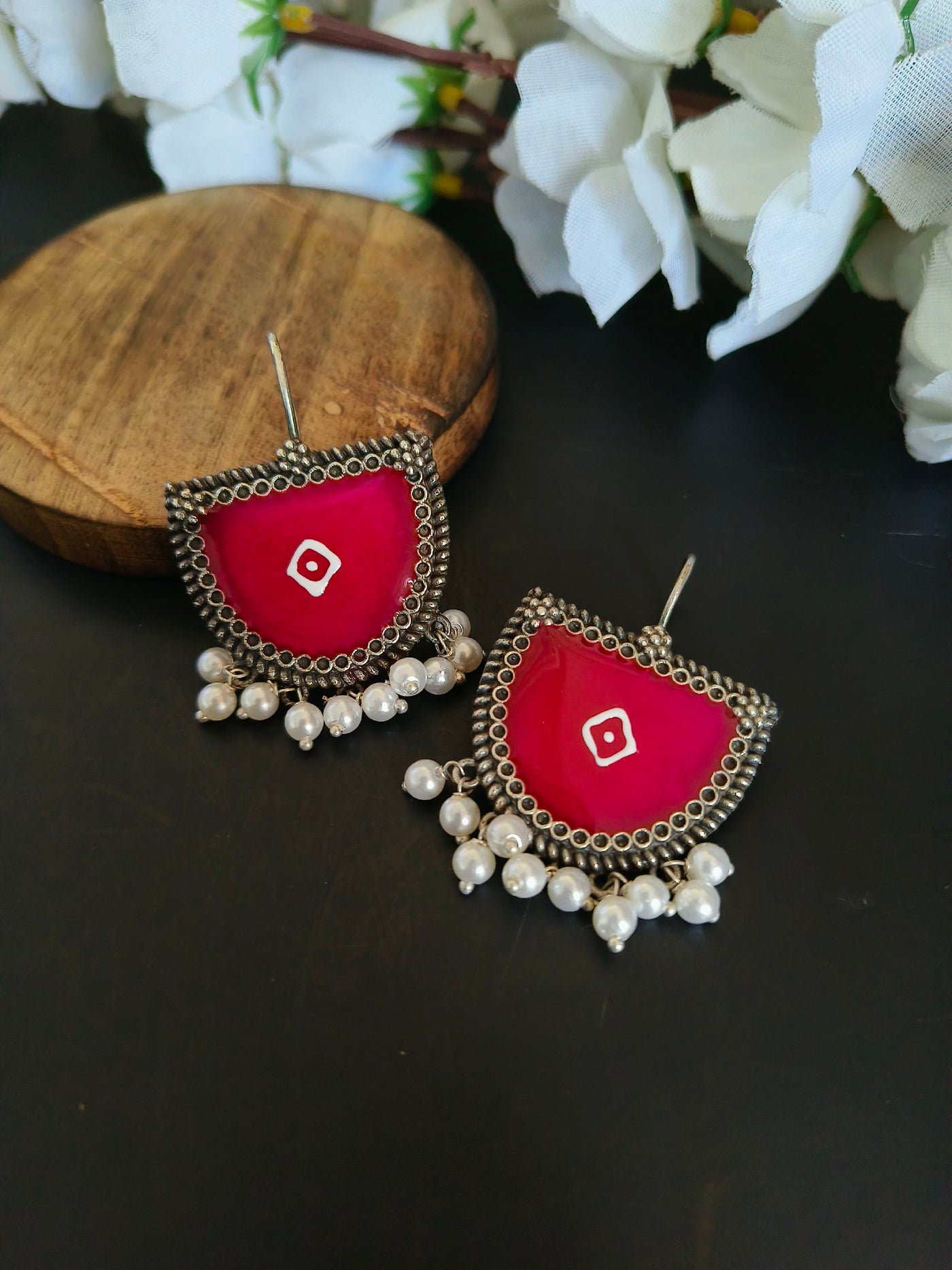 Oxidized Silver Plated Brass Earrings with Pearl Accents