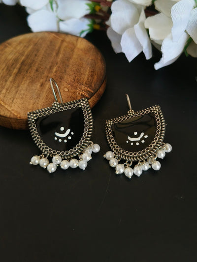 Oxidized Silver Plated Brass Earrings with Pearl Accents
