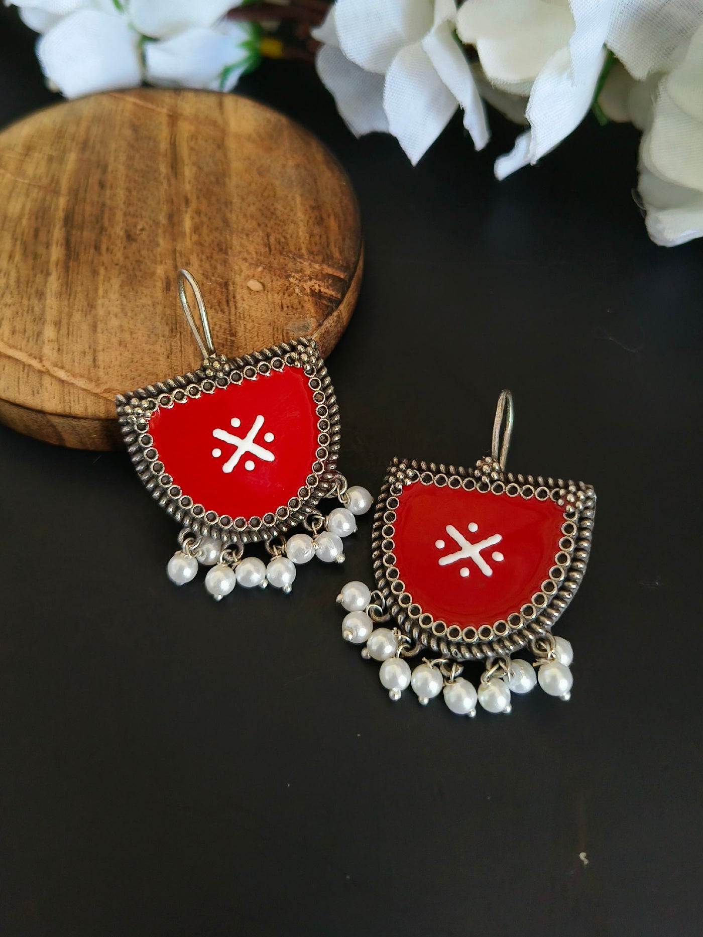Oxidized Silver Plated Brass Earrings with Pearl Accents