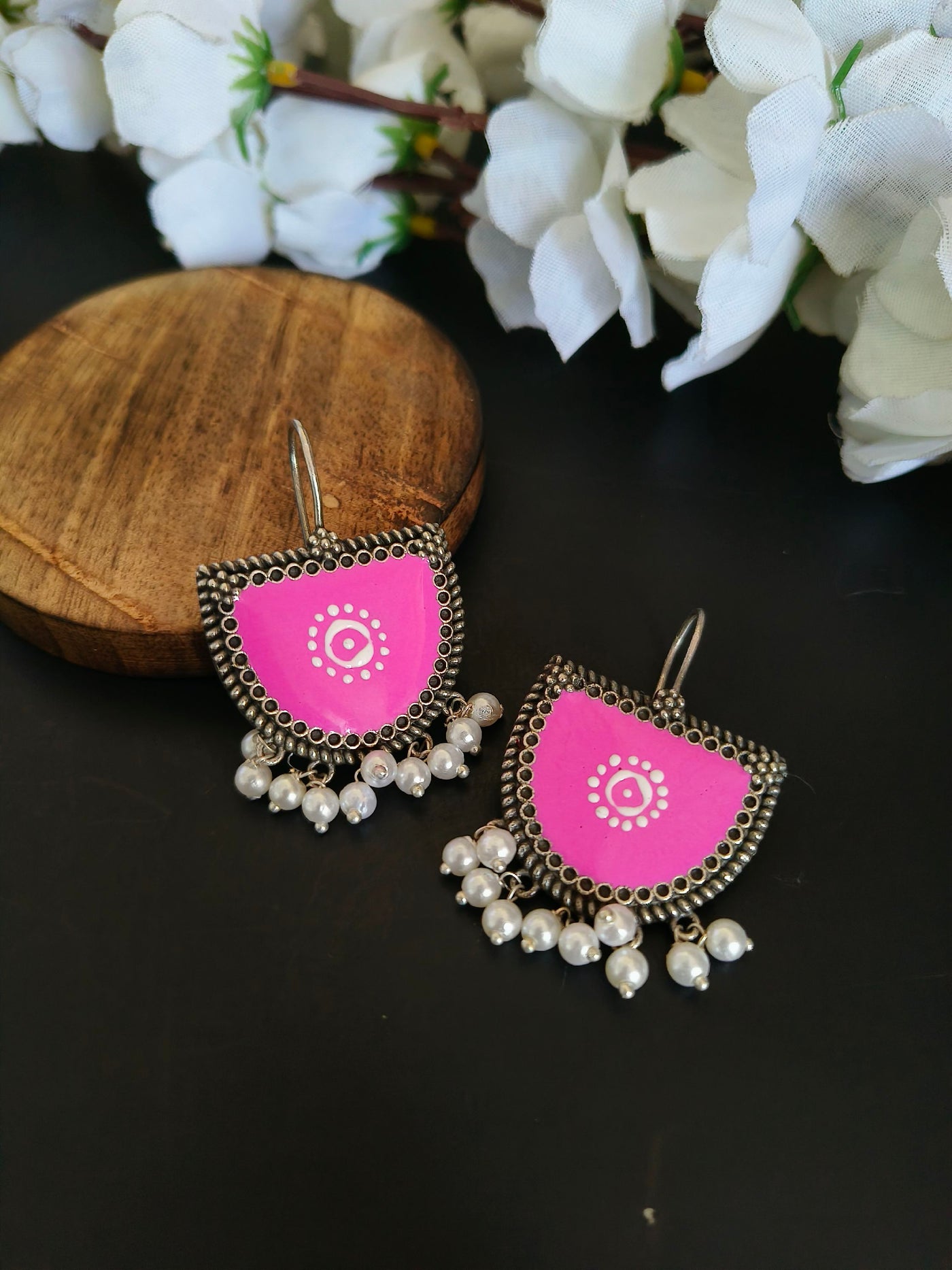 Oxidized Silver Plated Brass Earrings with Pearl Accents