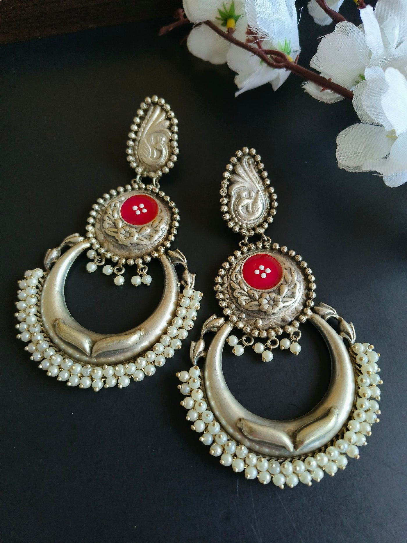 Antique Oxidized Silver Plated Brass Earrings with Traditional Design