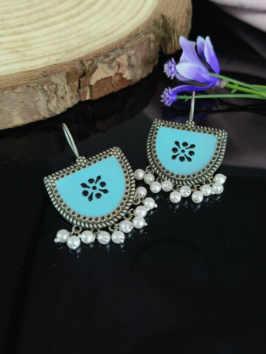 Oxidized Silver Plated Brass Earrings with Pearl Accents