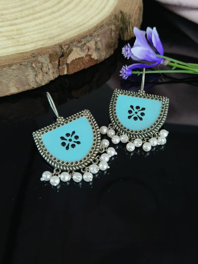 Oxidized Silver Plated Brass Earrings with Pearl Accents