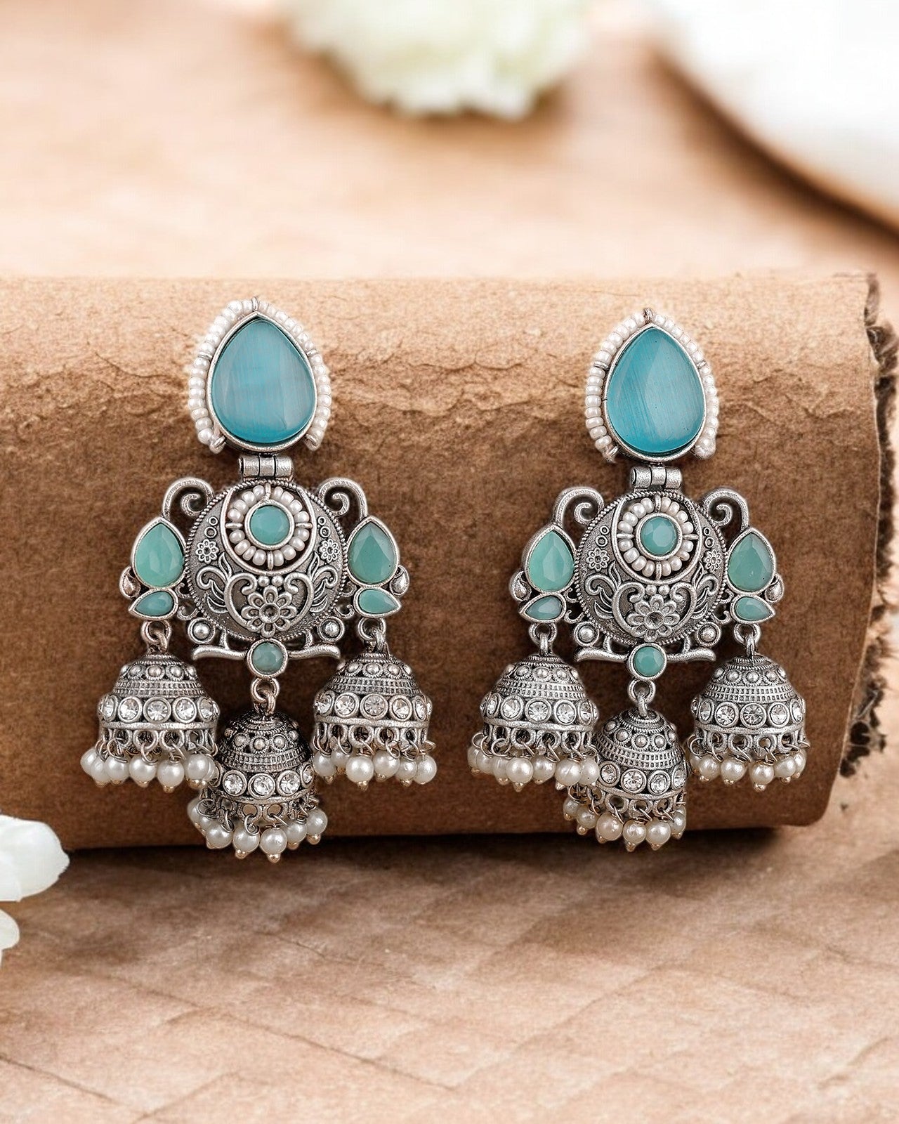 Oxidized Silver Plated Brass Earrings with Colorful Stone
