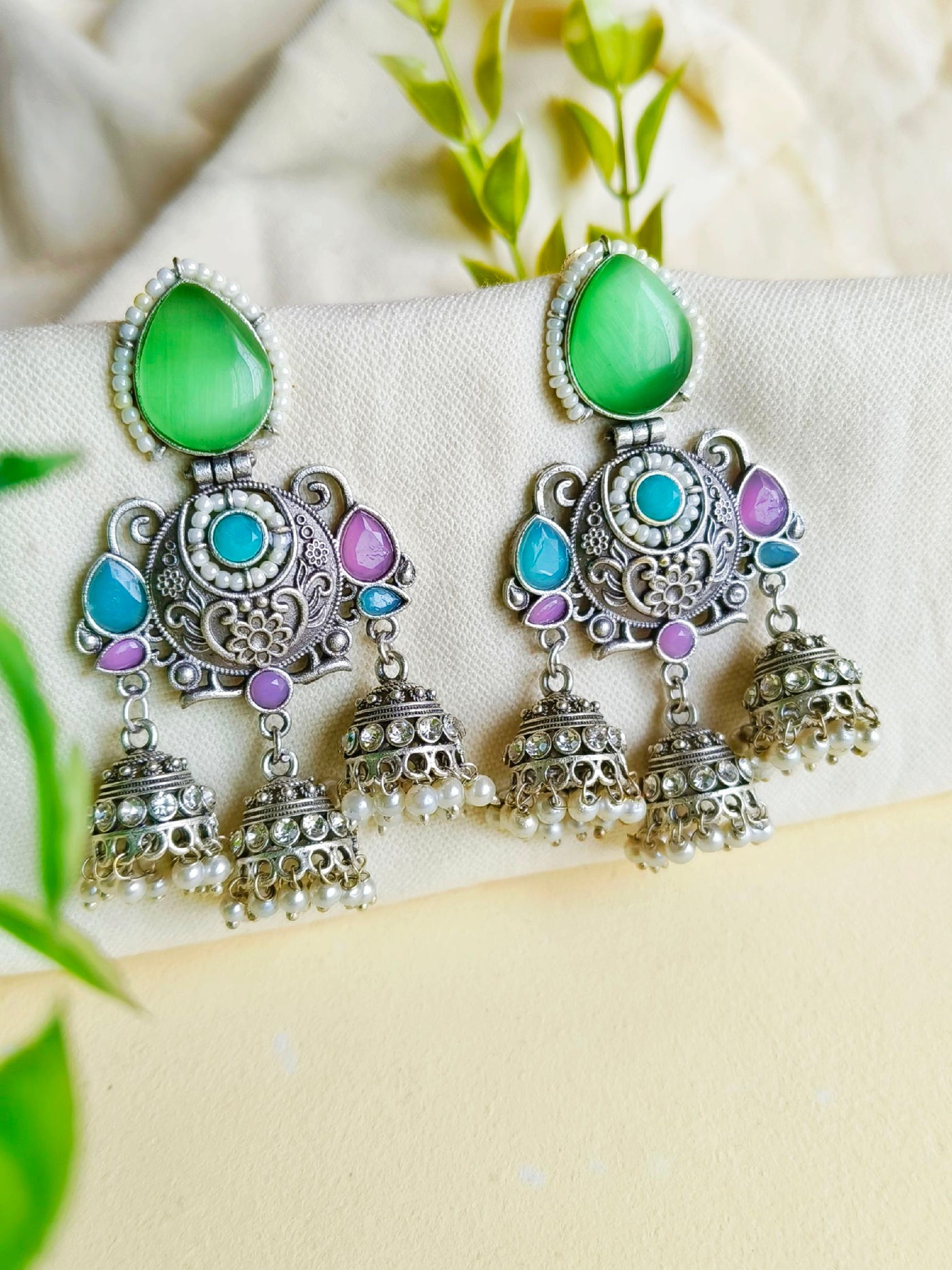 Oxidized Silver Plated Brass Earrings with Colorful Stone