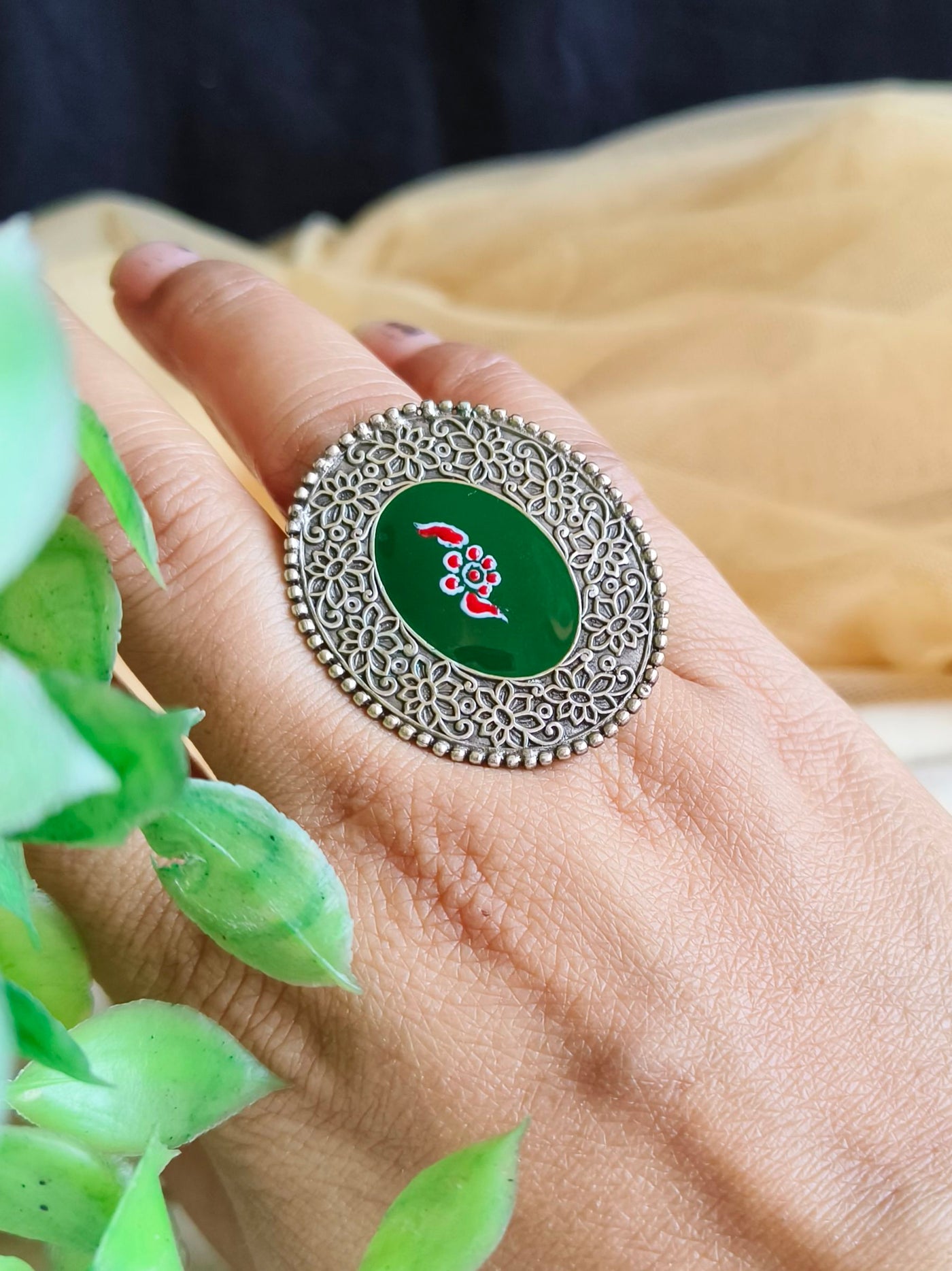 Antique Oxidized Silver Plated Brass Ring with Floral Design
