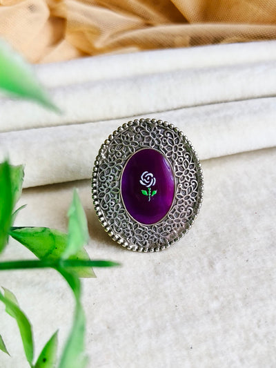 Antique Oxidized Silver Plated Brass Ring with Floral Design