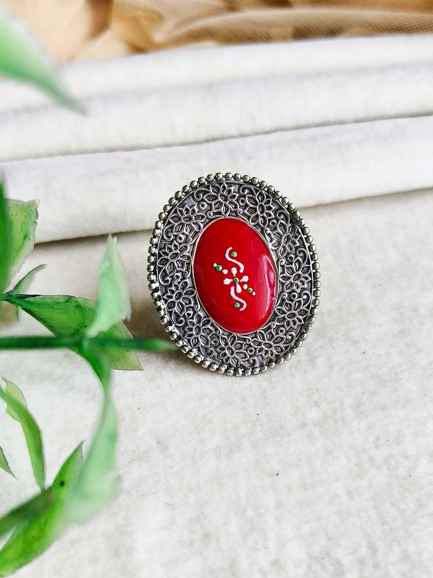 Antique Oxidized Silver Plated Brass Ring with Floral Design