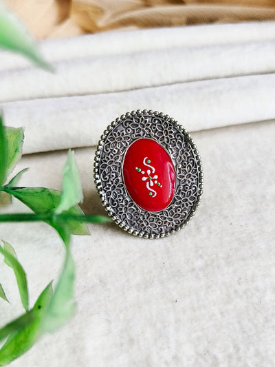 Antique Oxidized Silver Plated Brass Ring with Floral Design