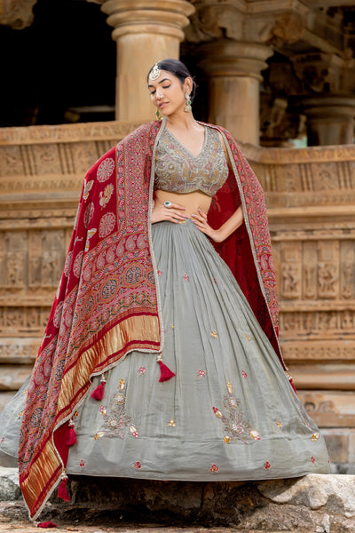 Grey Tissue Lehenga Choli with Cutdana and Moti Work