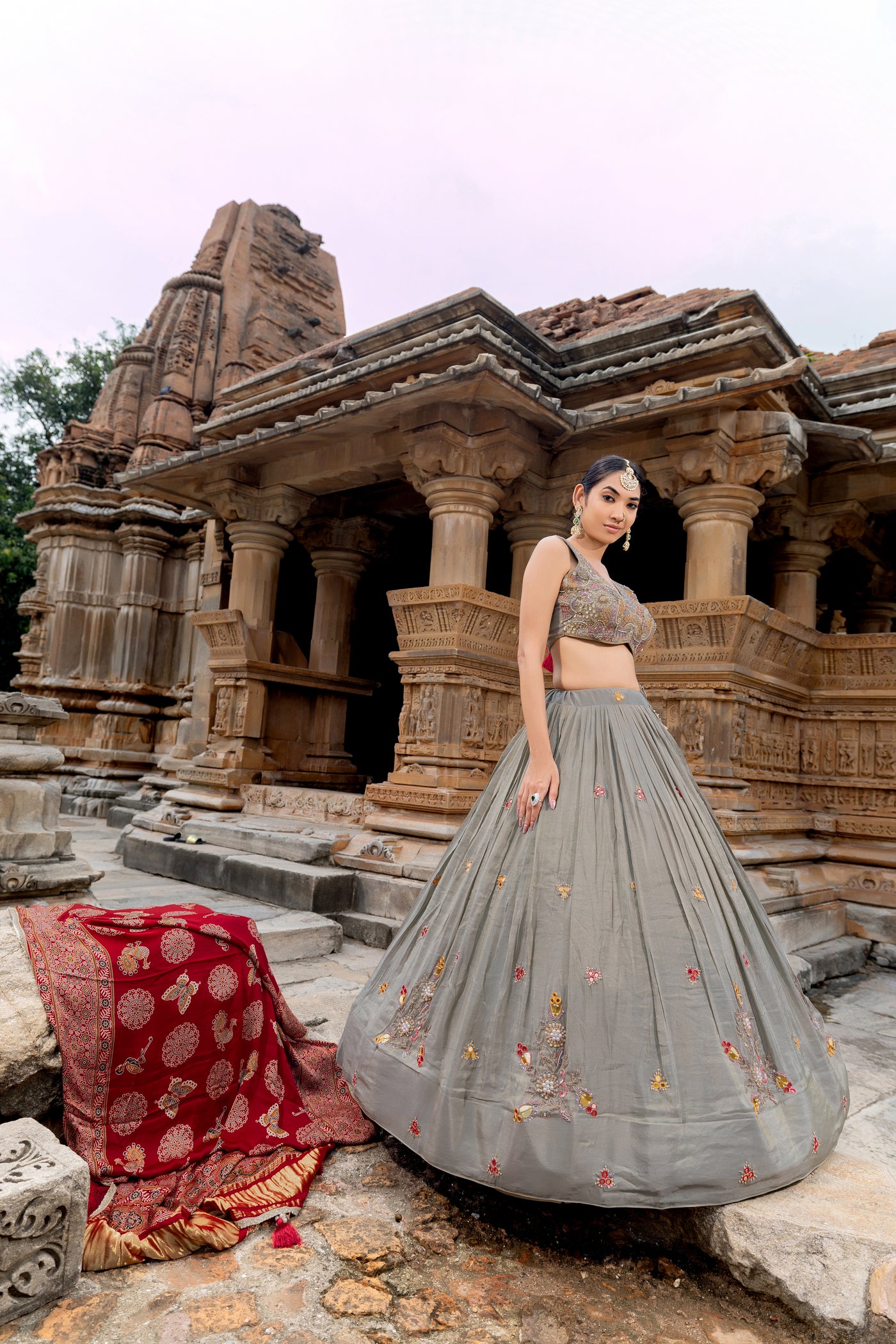 Grey Tissue Lehenga Choli with Cutdana and Moti Work