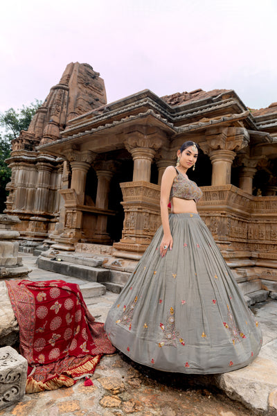 Grey Tissue Lehenga Choli with Cutdana and Moti Work