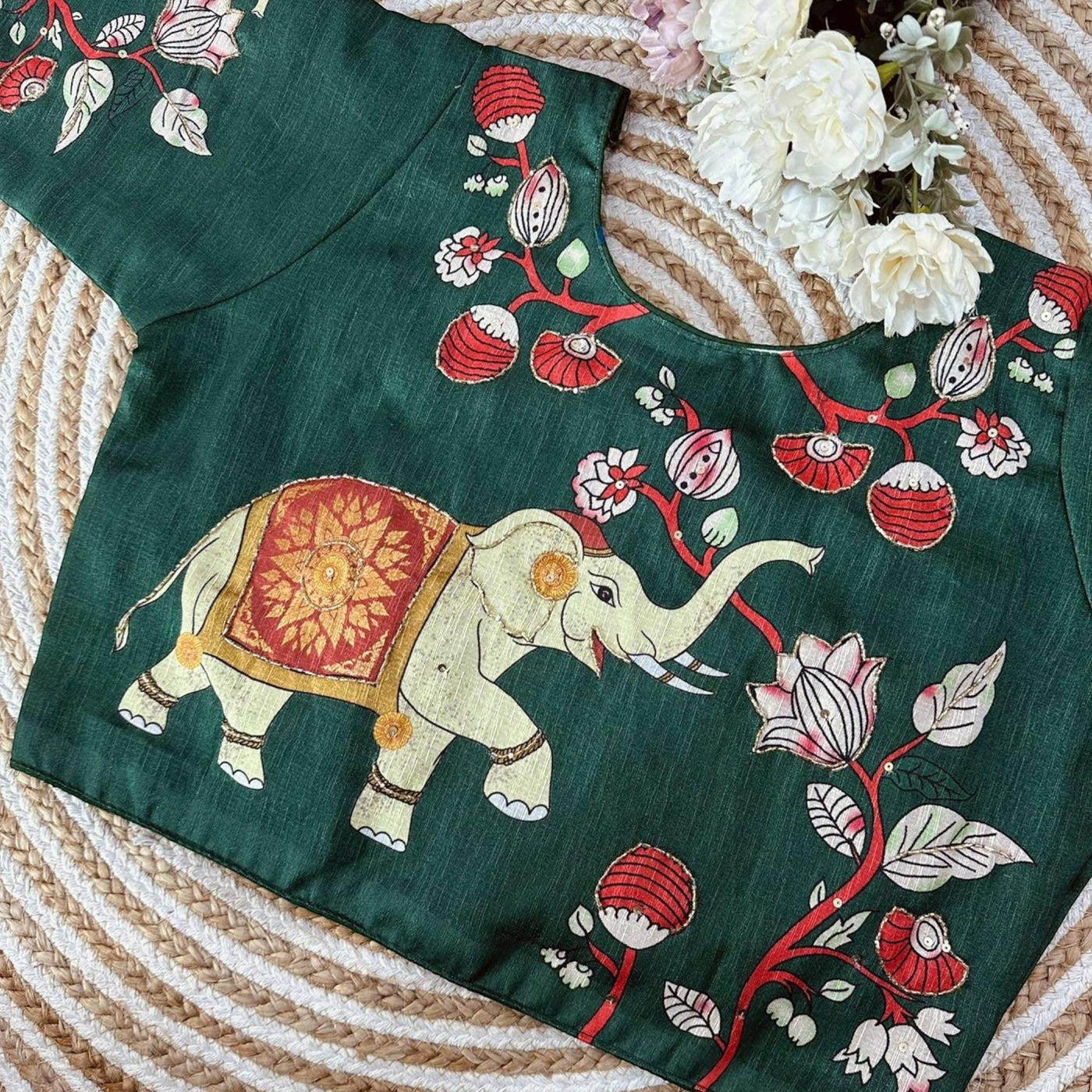 Elephant Print Cotton Silk Blouse: South Indian Elegance