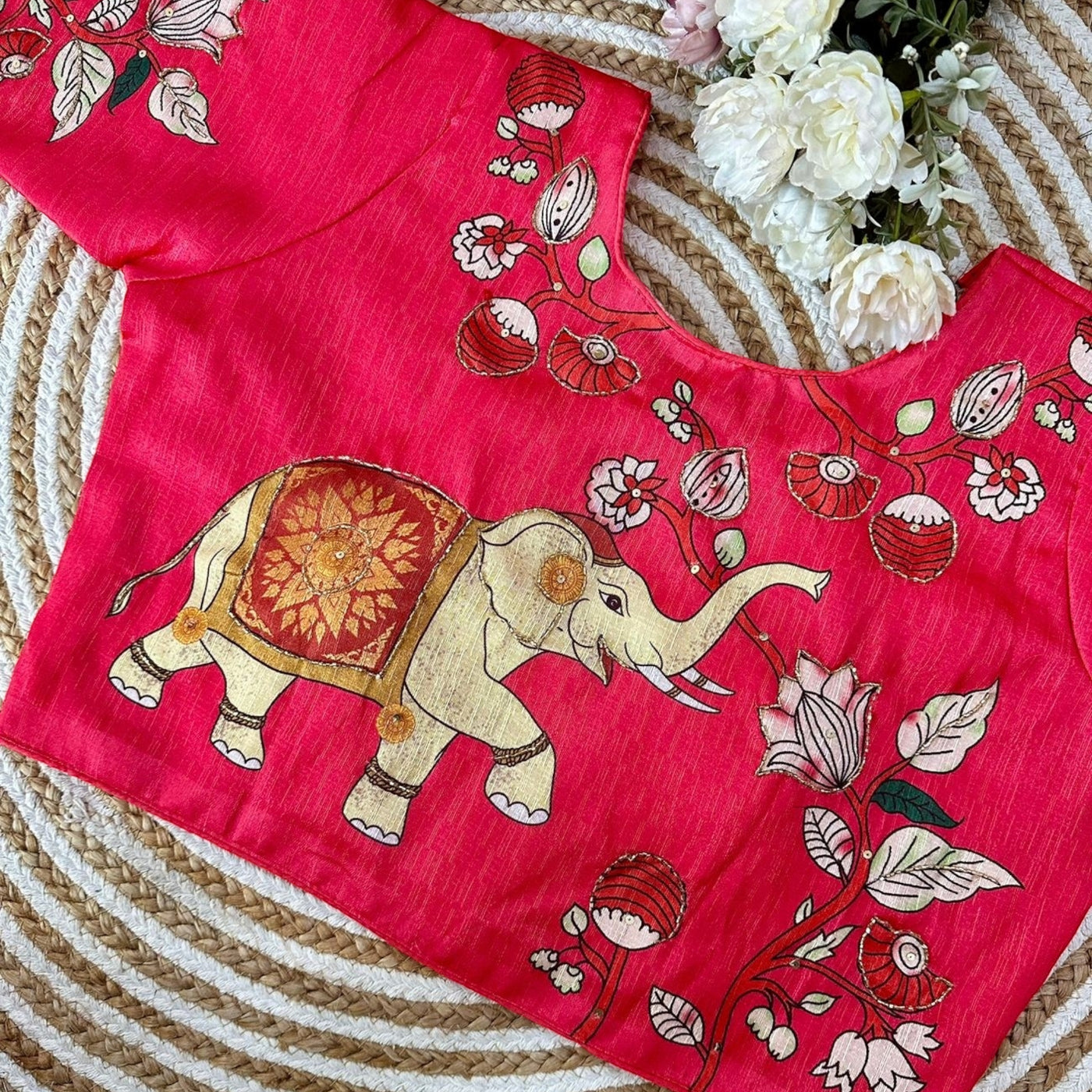 Elephant Print Cotton Silk Blouse: South Indian Elegance