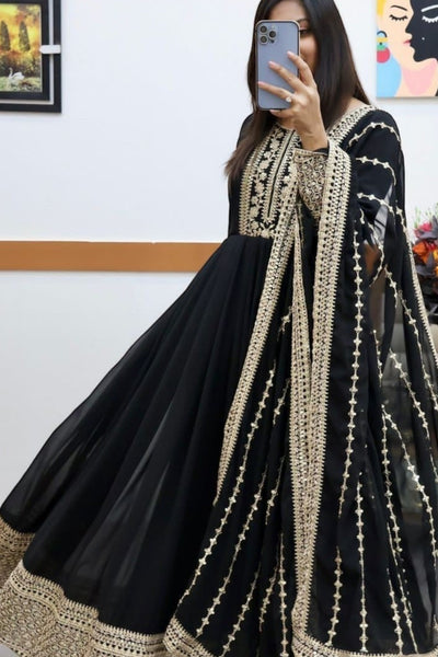 Black Anarkali Gown with Embroidered Dupatta – Elegant Party Wear & Festive Outfit