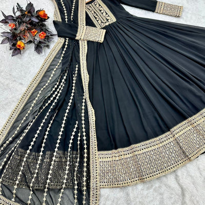 Black Anarkali Gown with Embroidered Dupatta – Elegant Party Wear & Festive Outfit