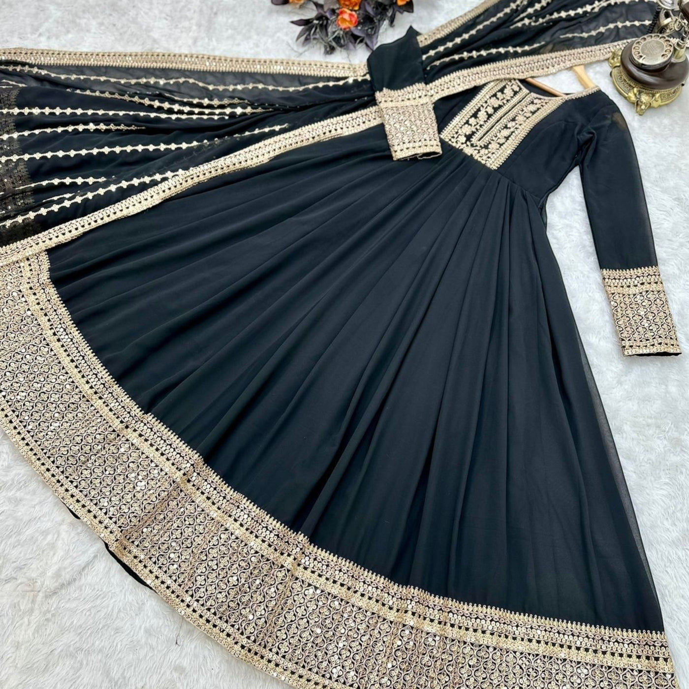 Black Anarkali Gown with Embroidered Dupatta – Elegant Party Wear & Festive Outfit