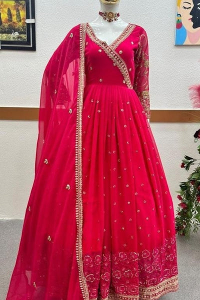 Rani Pink Embroidered Anarkali Gown with Dupatta – Elegant Festive Wear