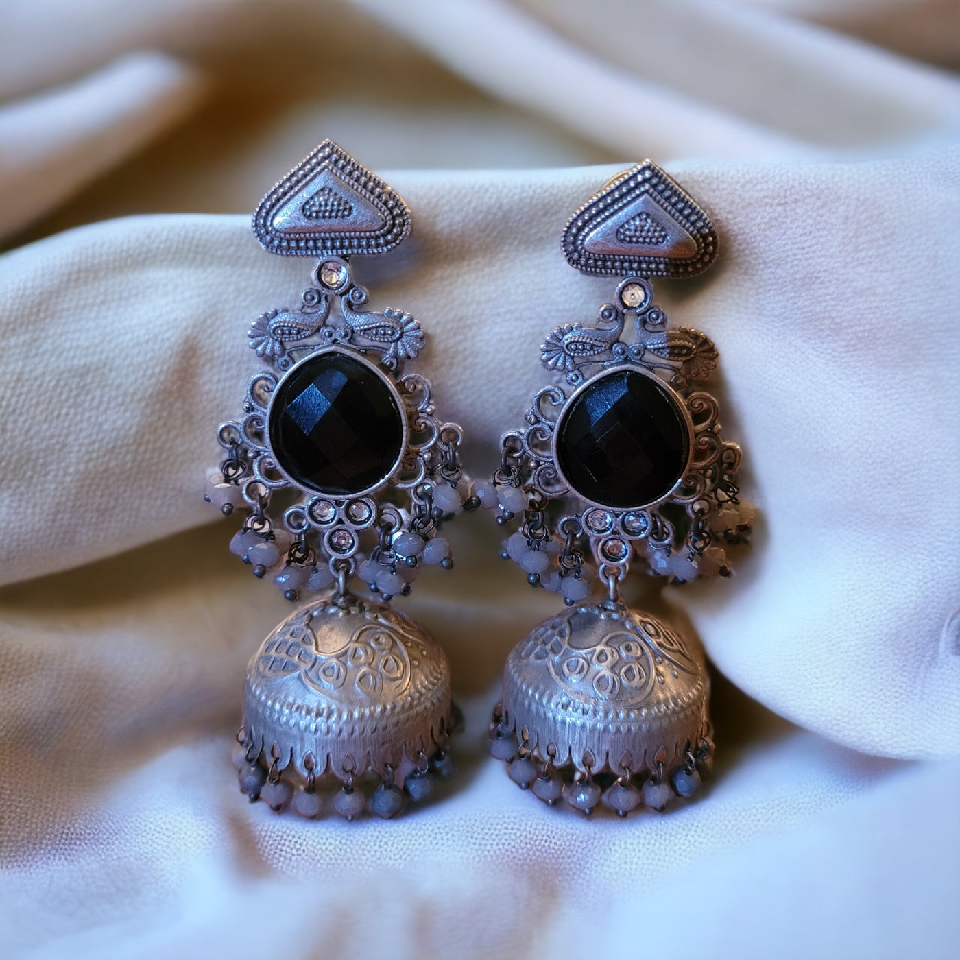 Oxidized Silver Jhumka Earrings with statement stone detailing