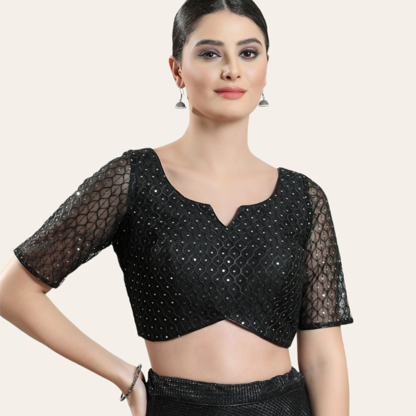 Net Padded Elegant Designer Saree Blouse with Elbow Sleeves