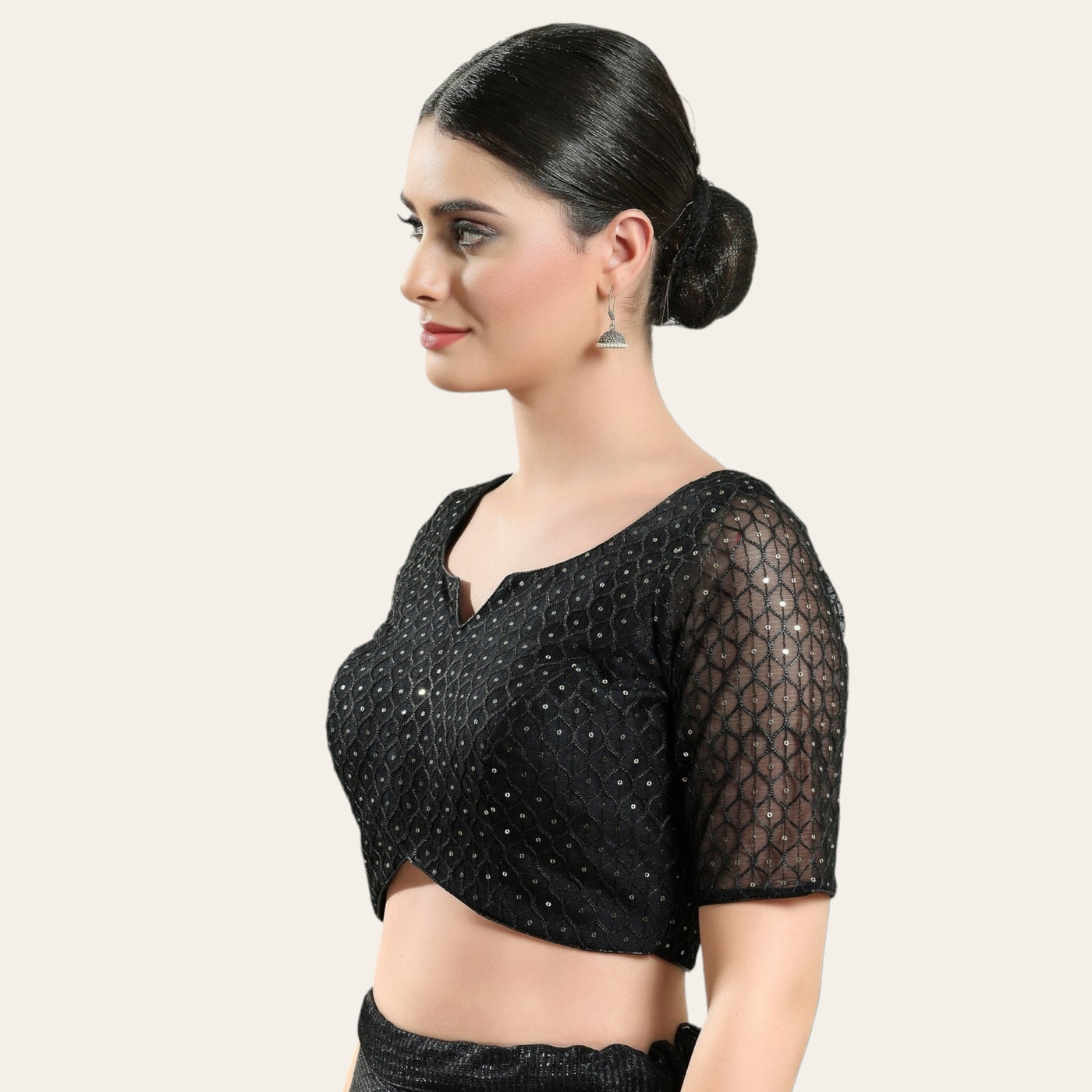 Net Padded Elegant Designer Saree Blouse with Elbow Sleeves