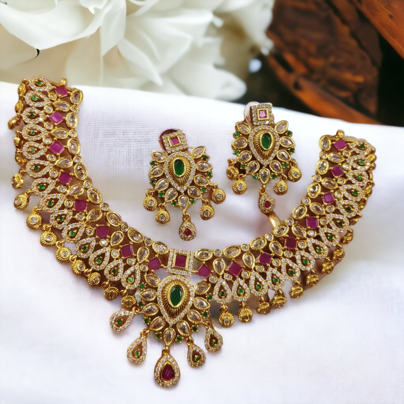 South Indian Necklace and Earrings Gold Finish Jewelry set