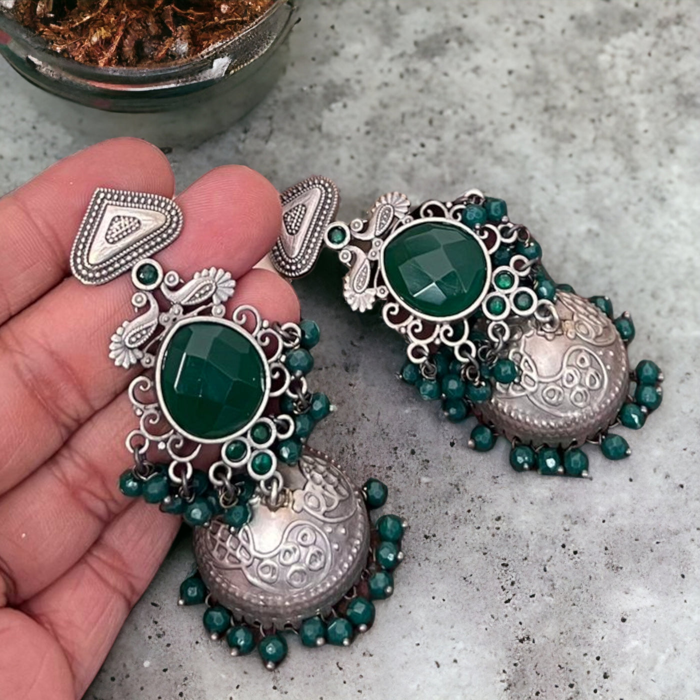 Oxidized Silver Jhumka Earrings with statement stone detailing