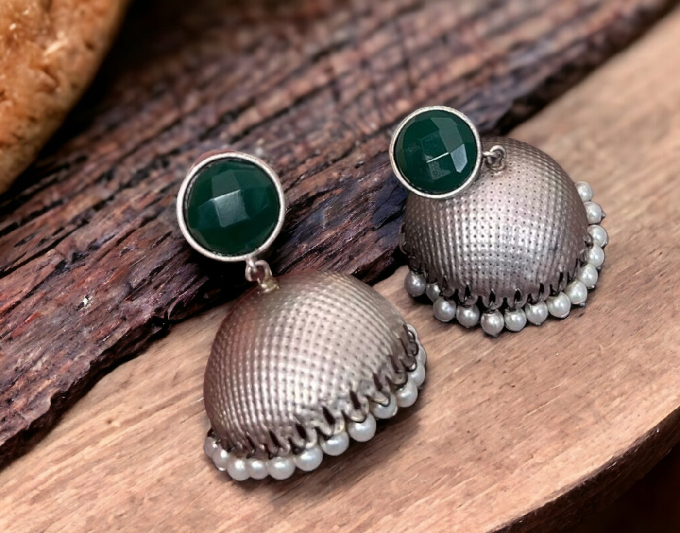 Oxidized Silver Jhumka Earrings with statement stone detailing