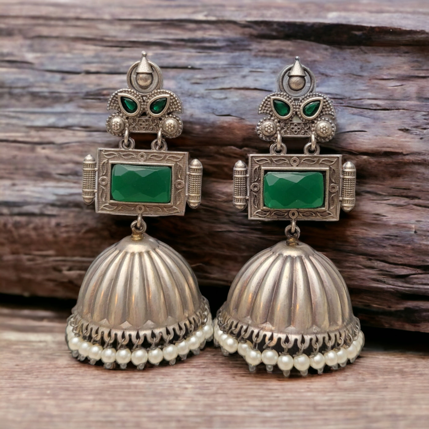 Oxidized Silver Jhumka Earrings with statement stone detailing