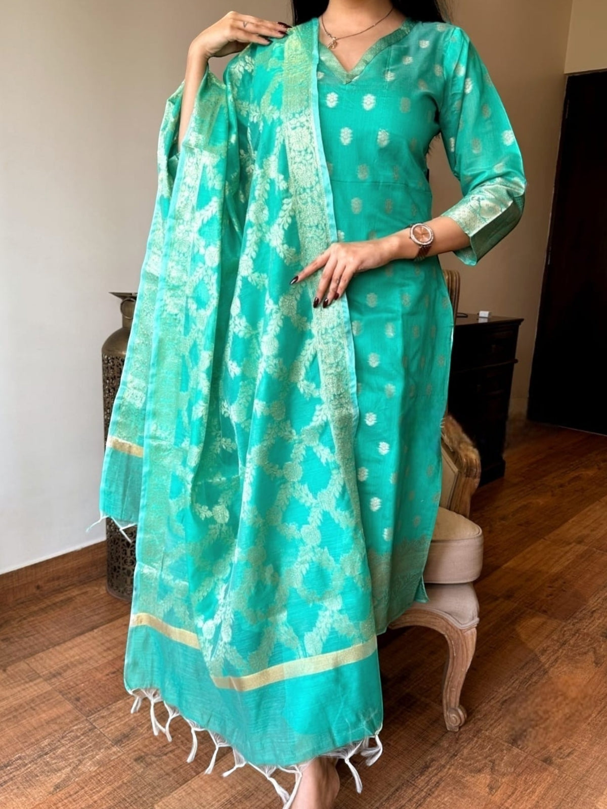 Turquoise Chanderi Kurti Set in Banarasi Silk