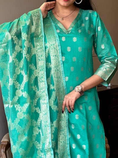 Turquoise Chanderi Kurti Set in Banarasi Silk