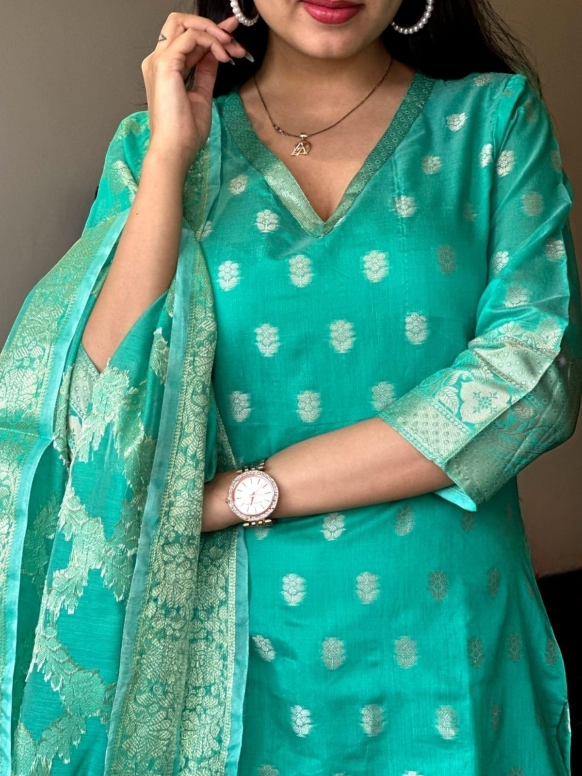 Turquoise Chanderi Kurti Set in Banarasi Silk