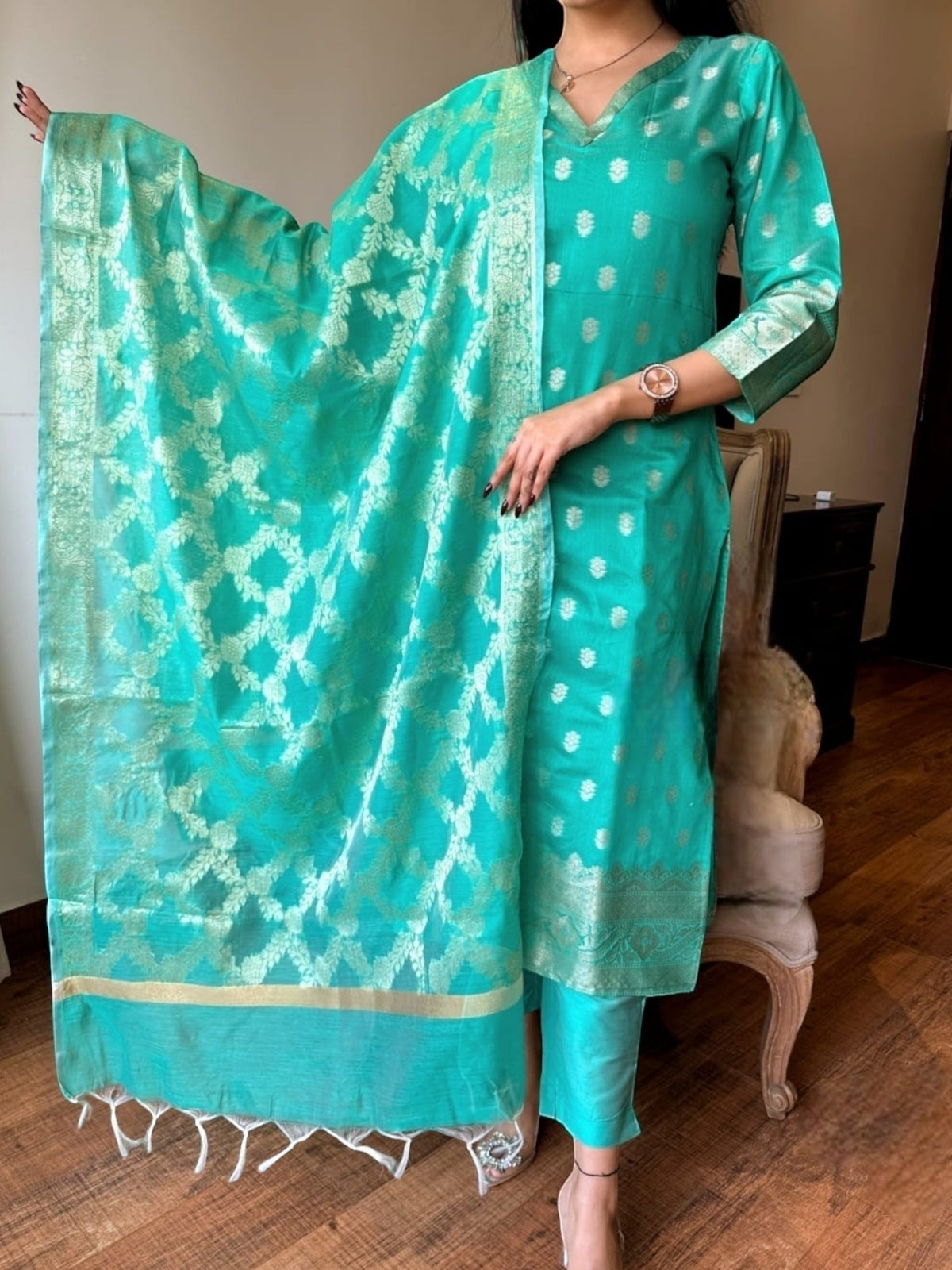 Turquoise Chanderi Kurti Set in Banarasi Silk