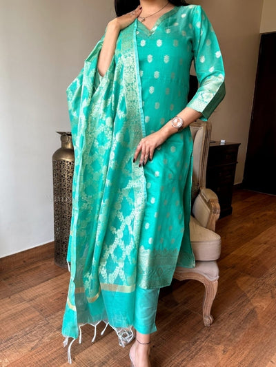 Turquoise Chanderi Kurti Set in Banarasi Silk