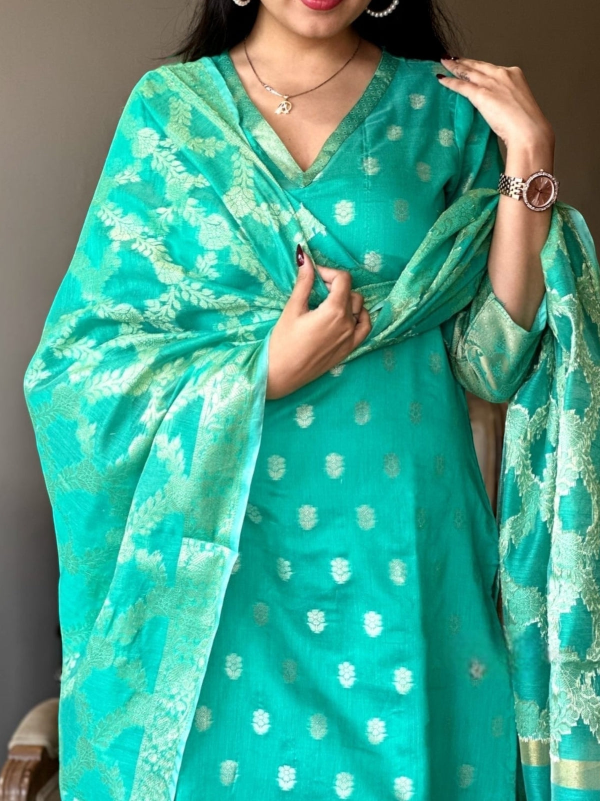 Turquoise Chanderi Kurti Set in Banarasi Silk