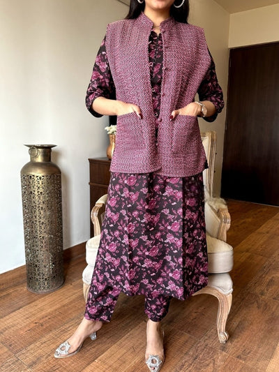 Purple Pure Cotton Kurti Pant Set With Quilted jacket