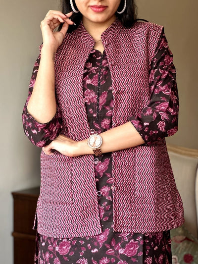 Purple Pure Cotton Kurti Pant Set With Quilted jacket