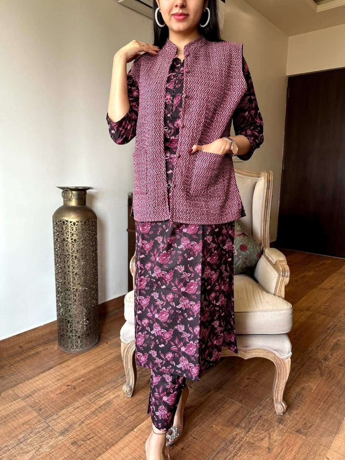 Purple Pure Cotton Kurti Pant Set With Quilted jacket