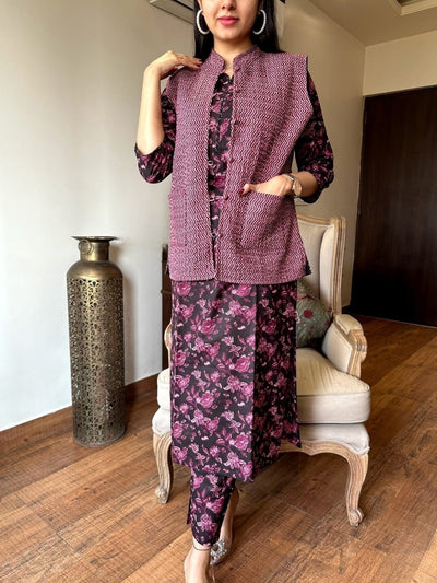 Purple Pure Cotton Kurti Pant Set With Quilted jacket