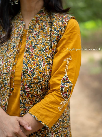 Mustard Yellow Pure Cotton Kurti Pant Set With Quilted jacket