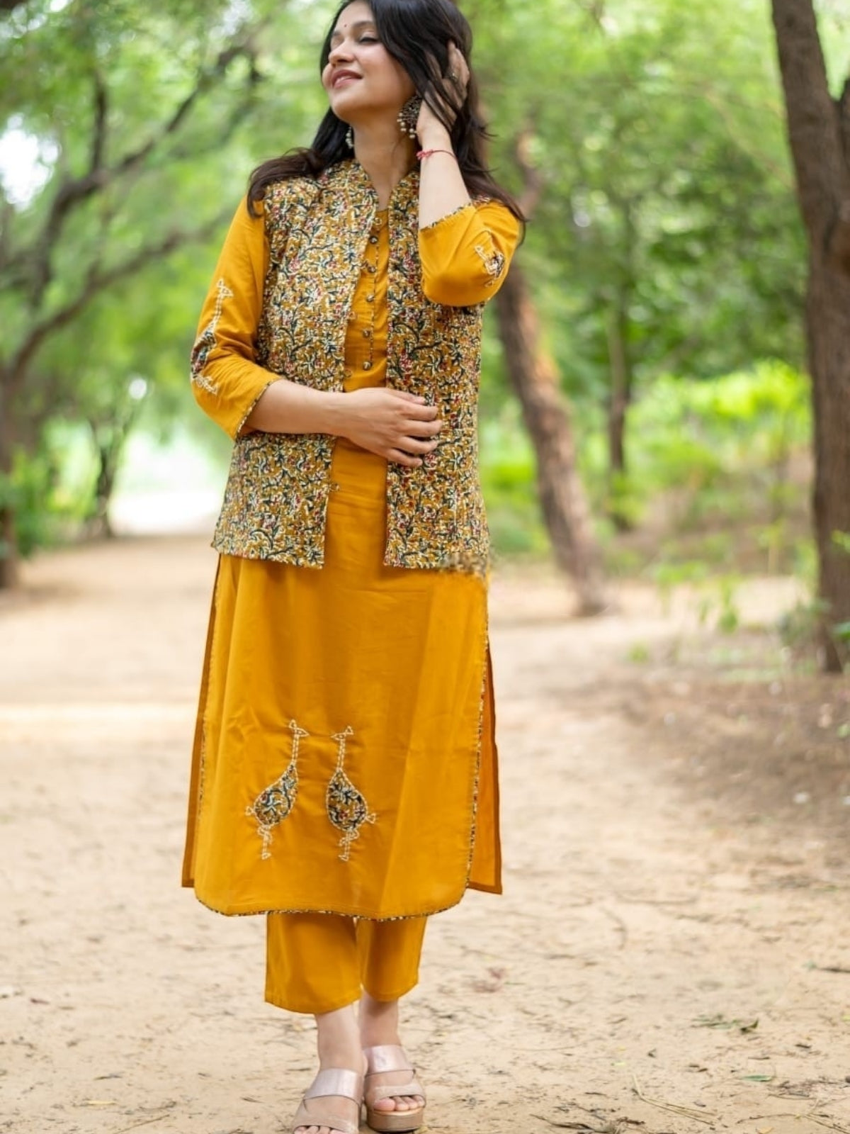 Mustard Yellow Pure Cotton Kurti Pant Set With Quilted jacket