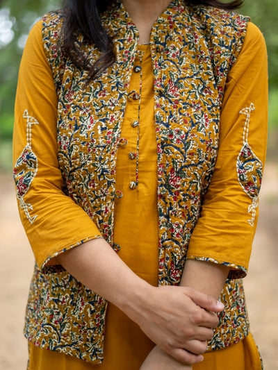 Mustard Yellow Pure Cotton Kurti Pant Set With Quilted jacket