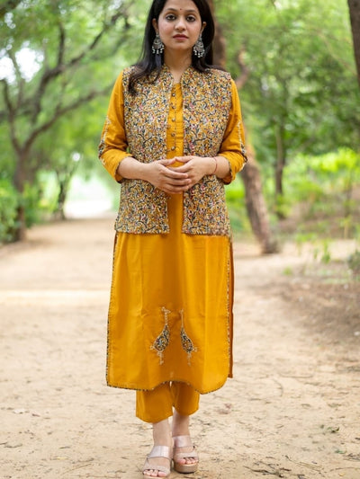 Mustard Yellow Pure Cotton Kurti Pant Set With Quilted jacket