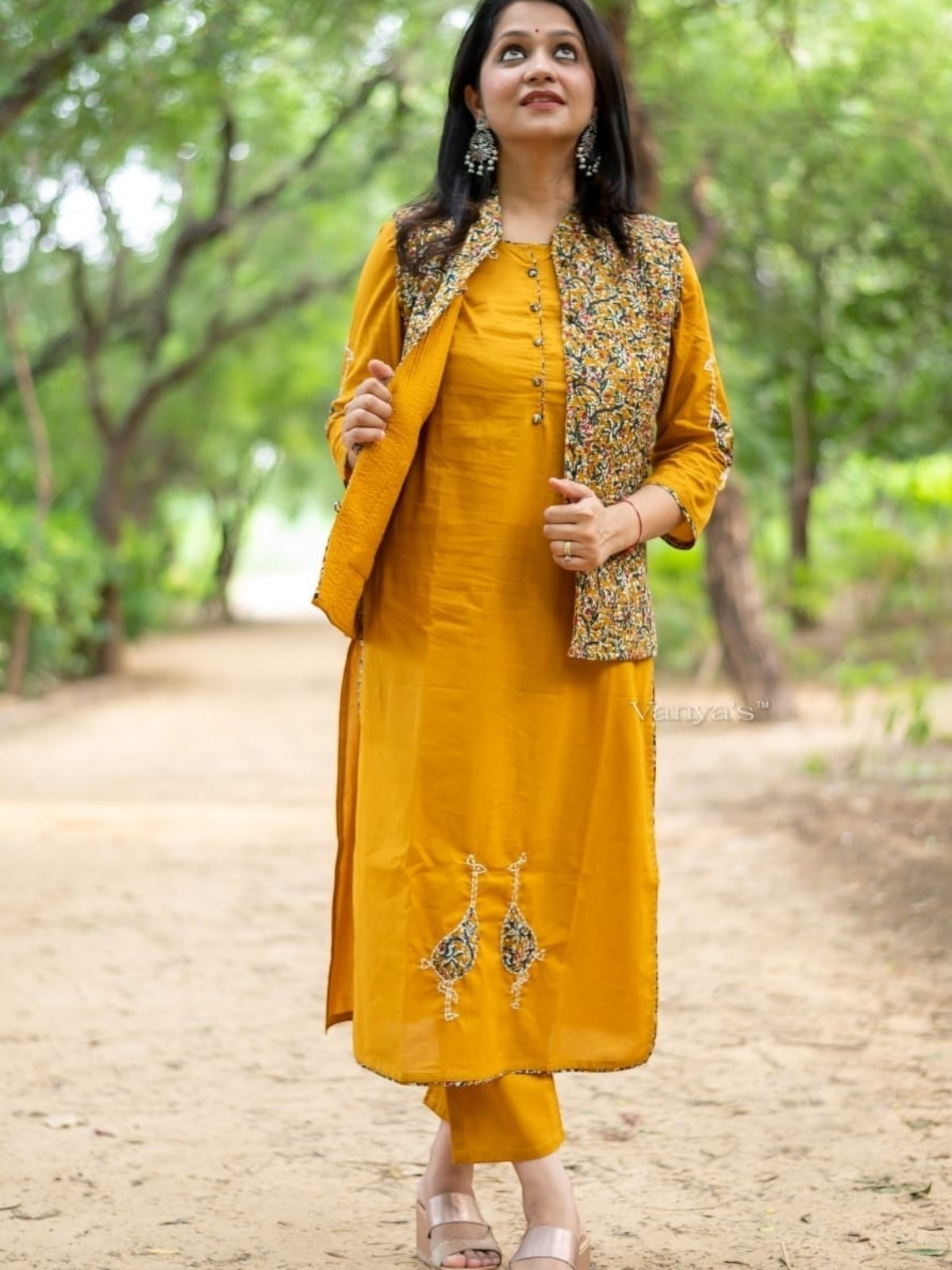 Mustard Yellow Pure Cotton Kurti Pant Set With Quilted jacket