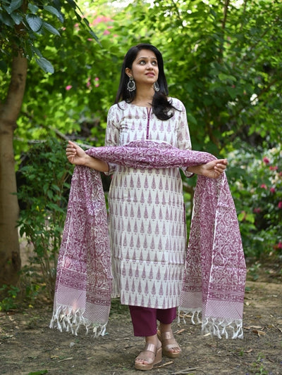 Purple Cotton Kurta Set with Hand Block Print