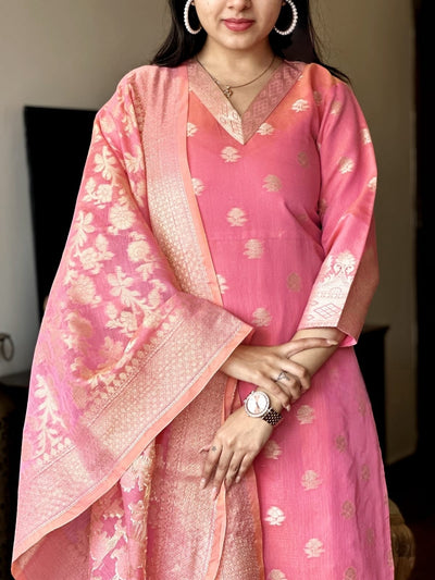 Pink Kurti Set in Banarasi Silk