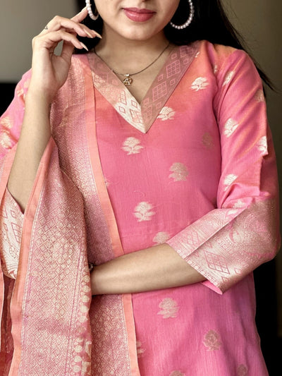 Pink Kurti Set in Banarasi Silk