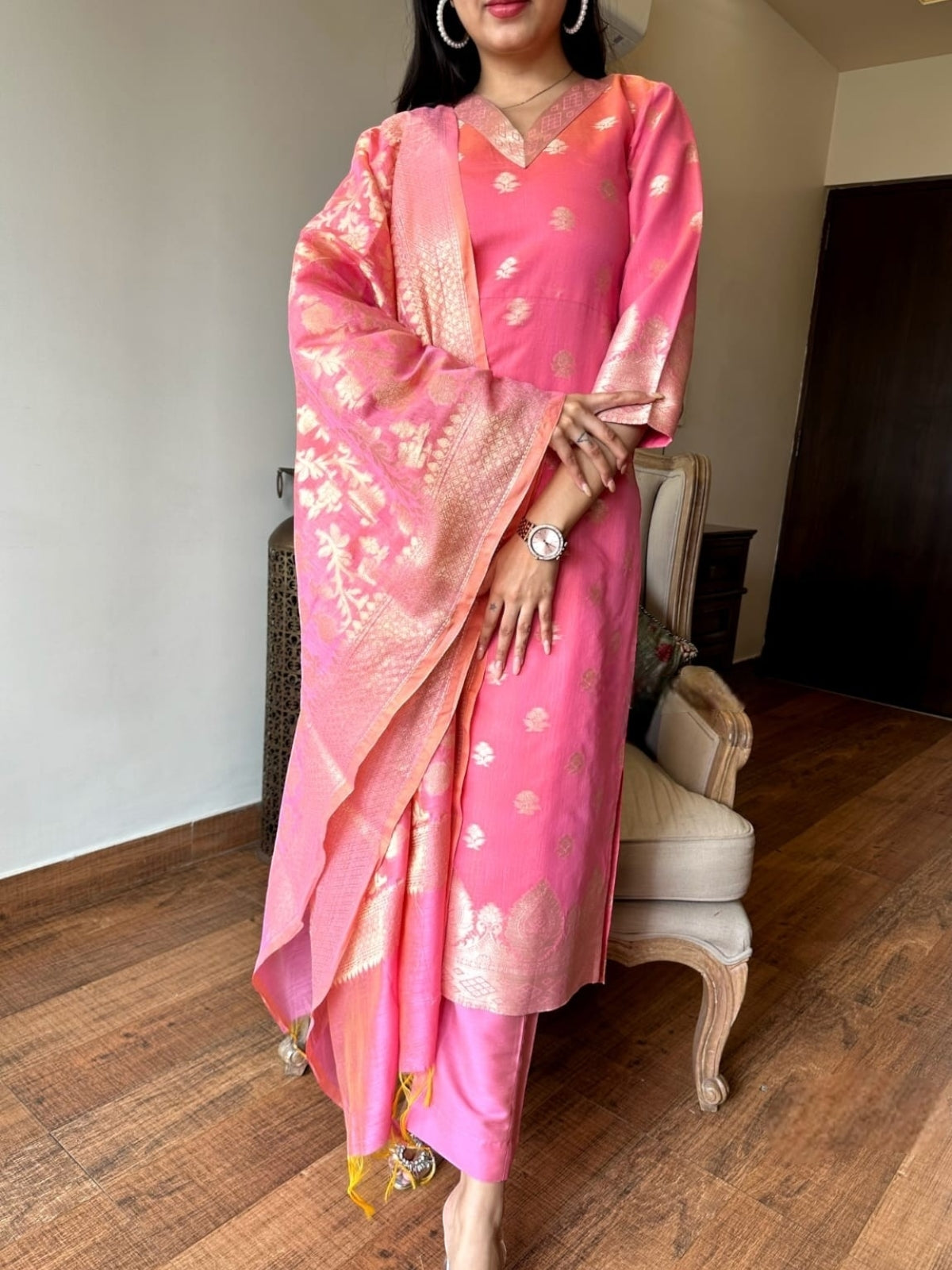 Pink Kurti Set in Banarasi Silk