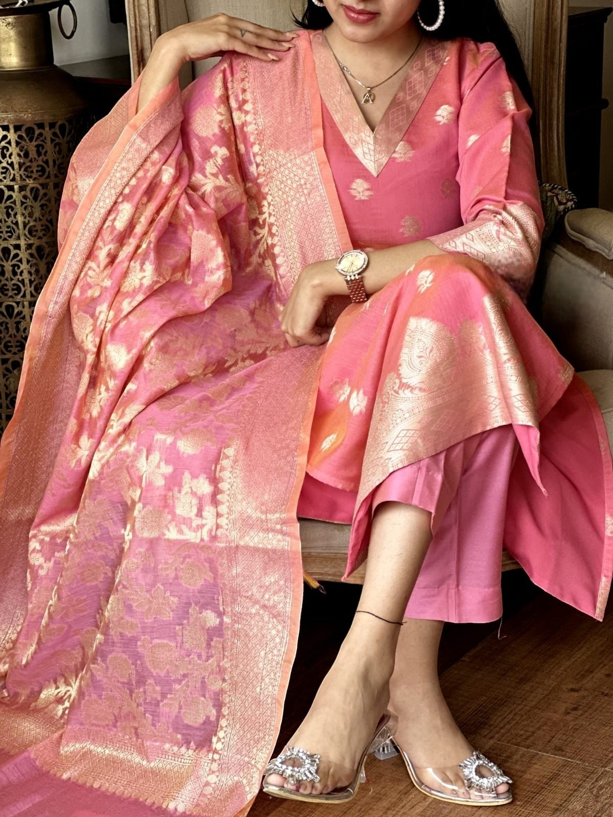 Pink Kurti Set in Banarasi Silk